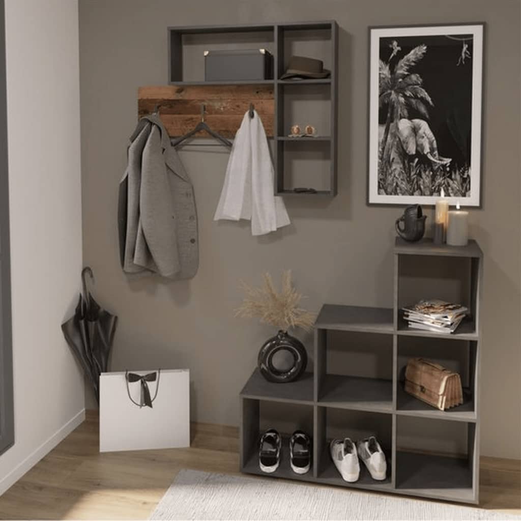 FMD Wandgarderobe 4 Offene Fächer Anthrazit und Dunkelbraun