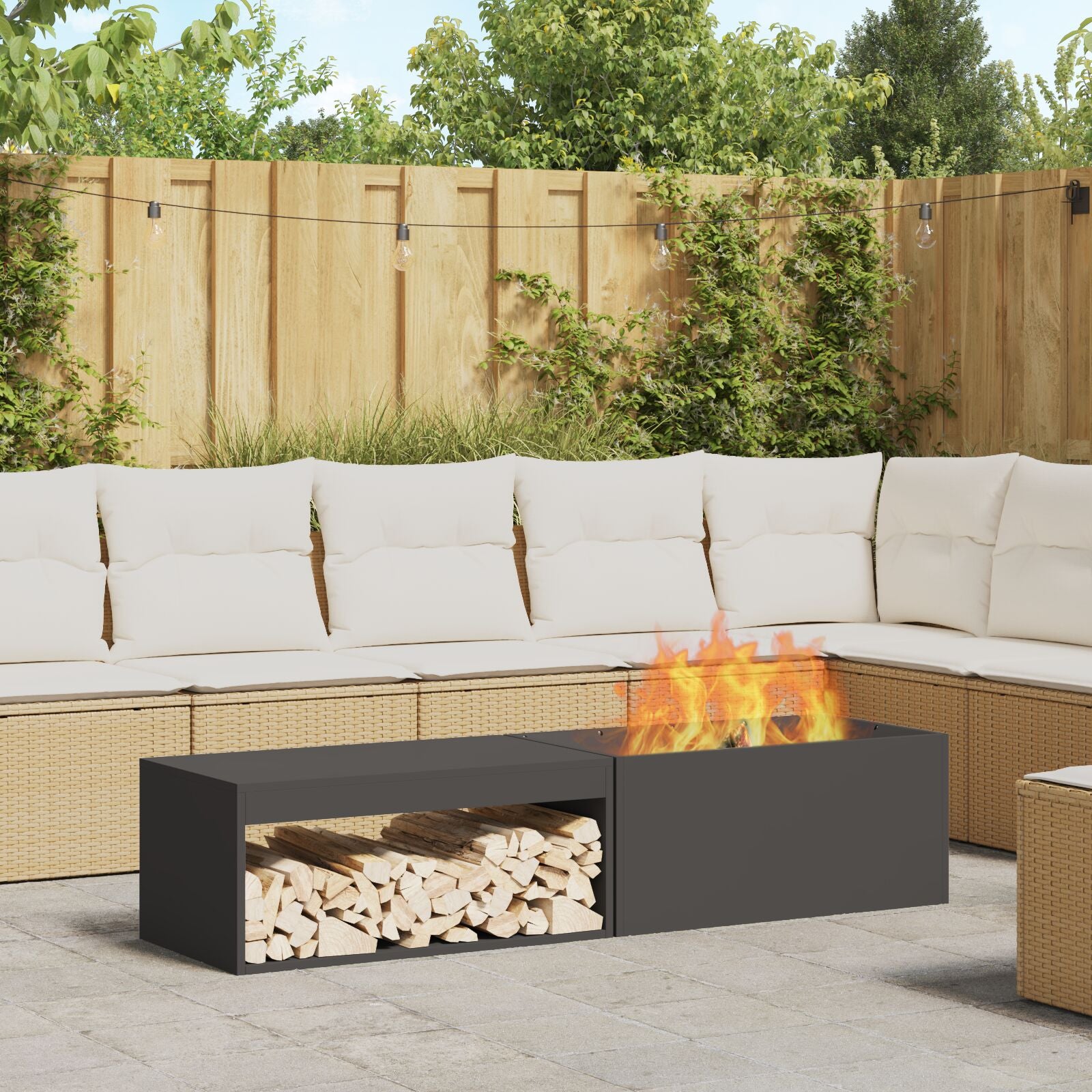 Feuerstelle mit Holzlager Schwarz 160x45x35 cm Stahl