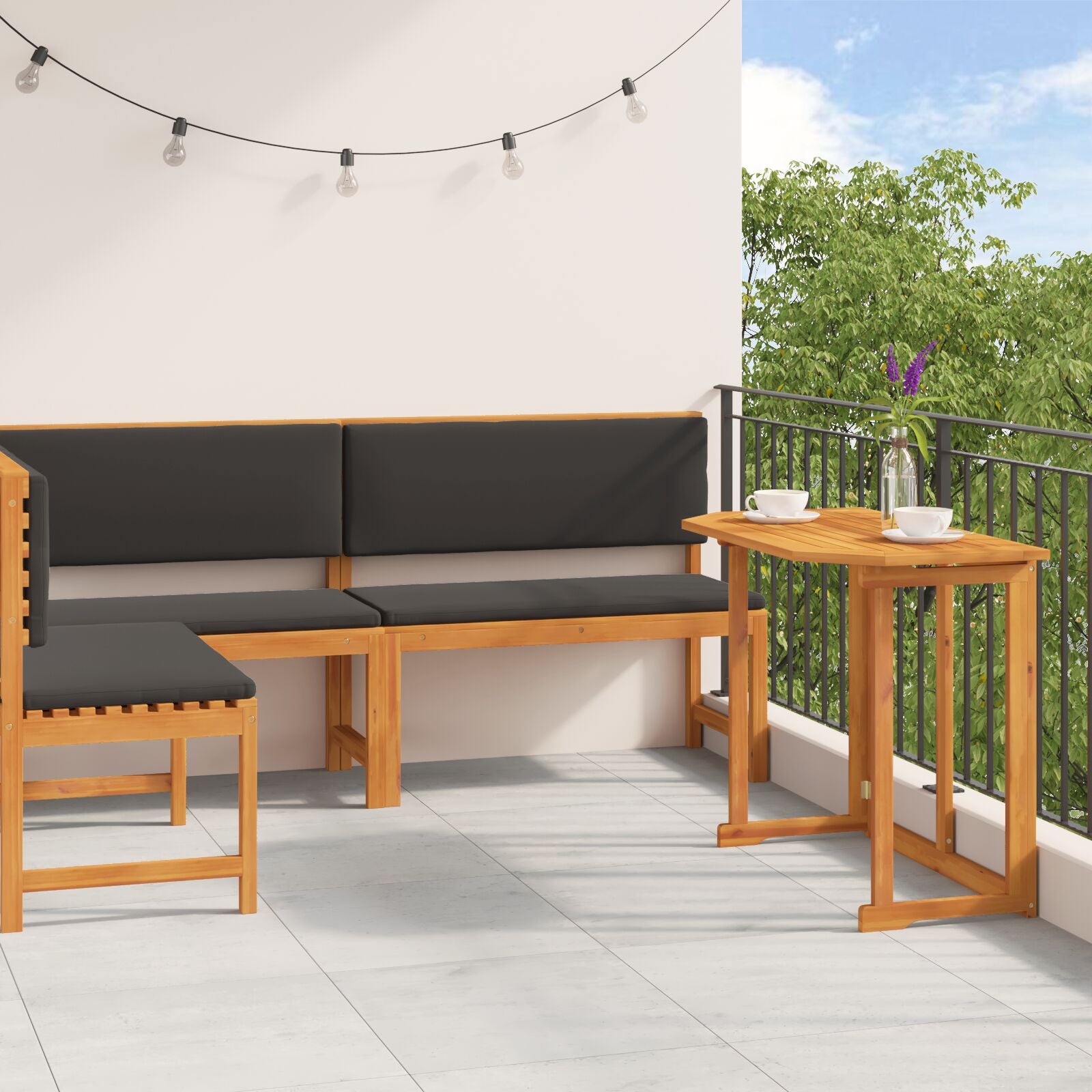 3-teiliges Garten Bistro Set mit Kissen aus massivem Akazienholz