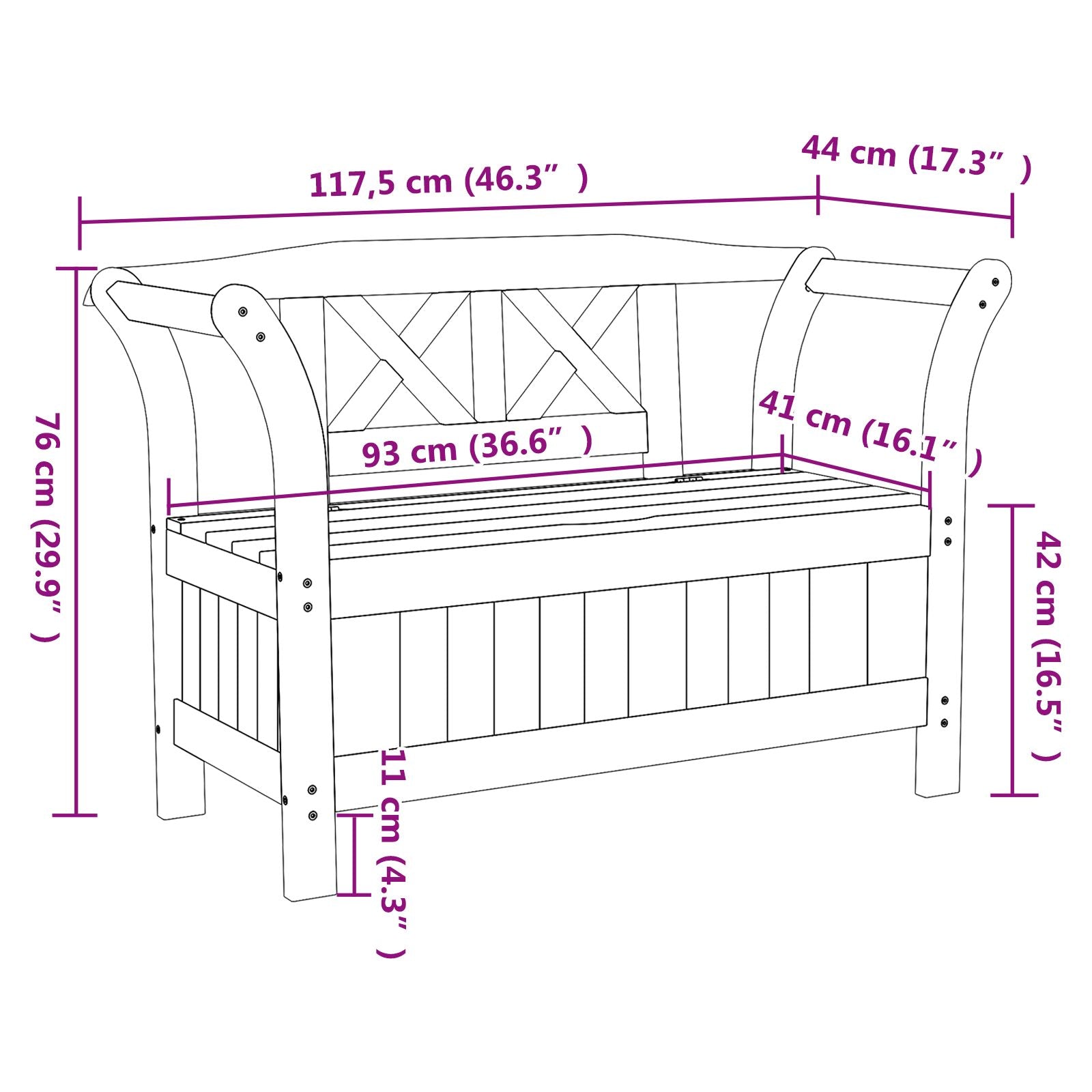 Gartenstauraum Bank Akazie 119x76x44 cm Massivholz