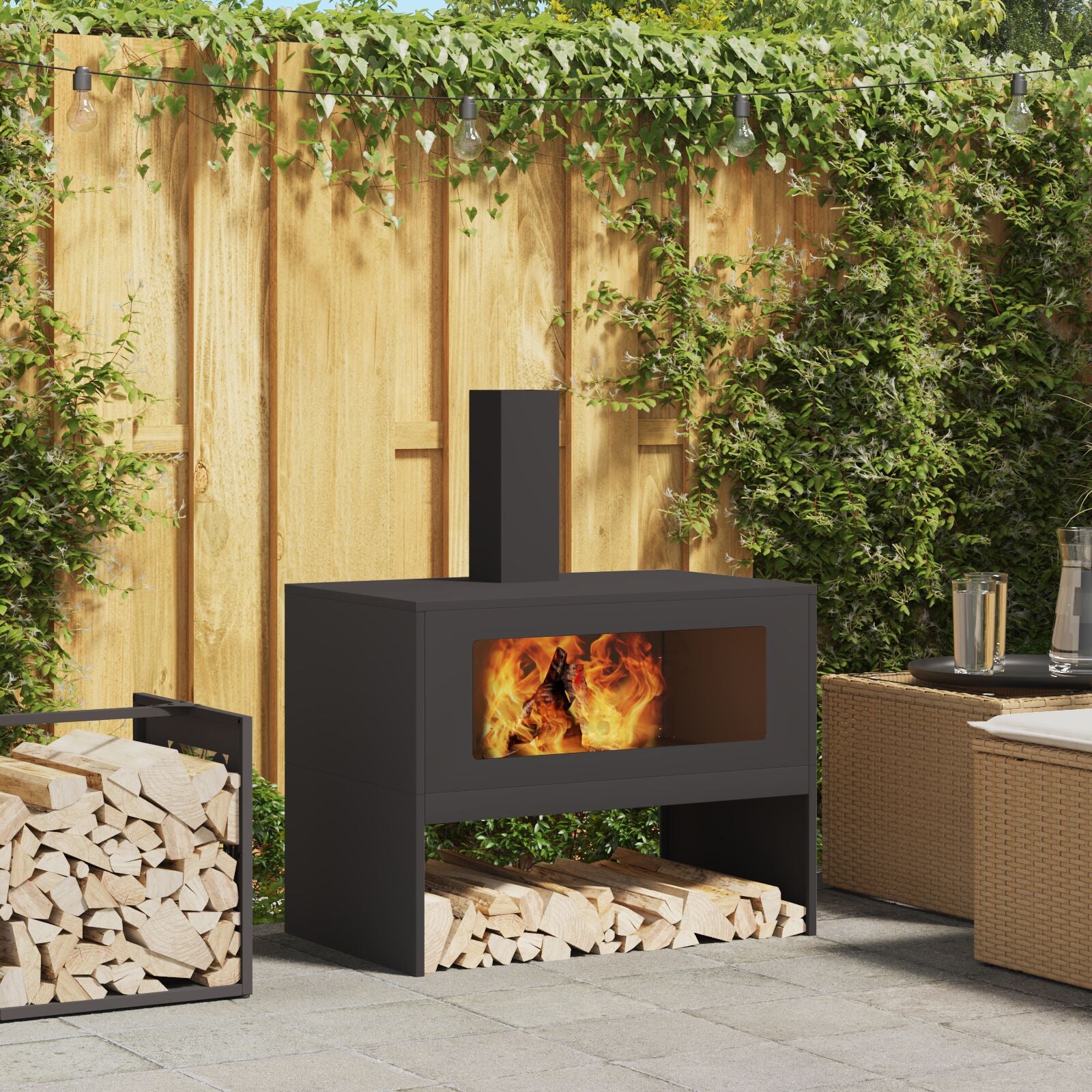 Feuerschale mit Schornstein Schwarz 80x50x96 cm Stahl