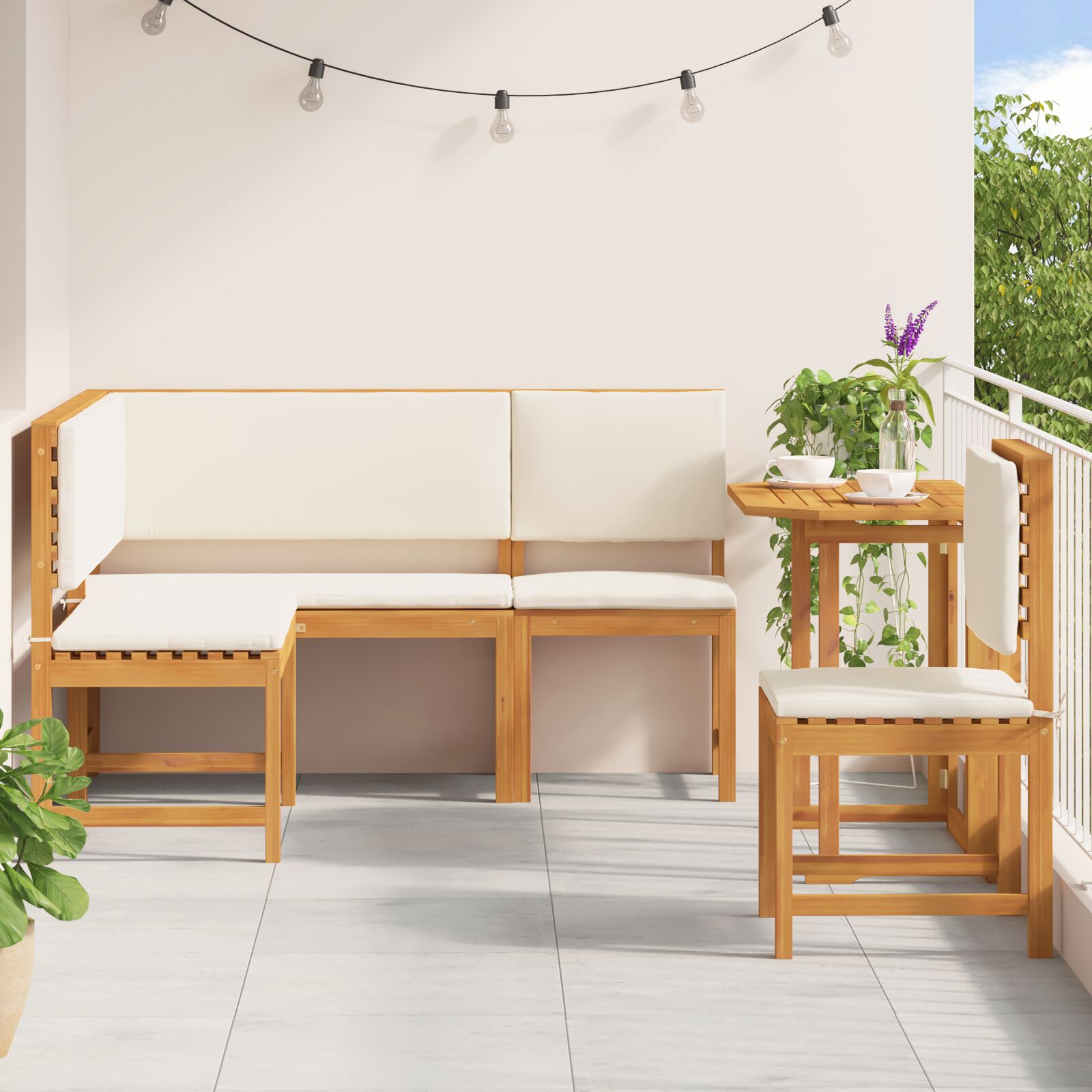 4-teiliges Garten Esstisch-Set mit Kissen - Massivholz Akazie