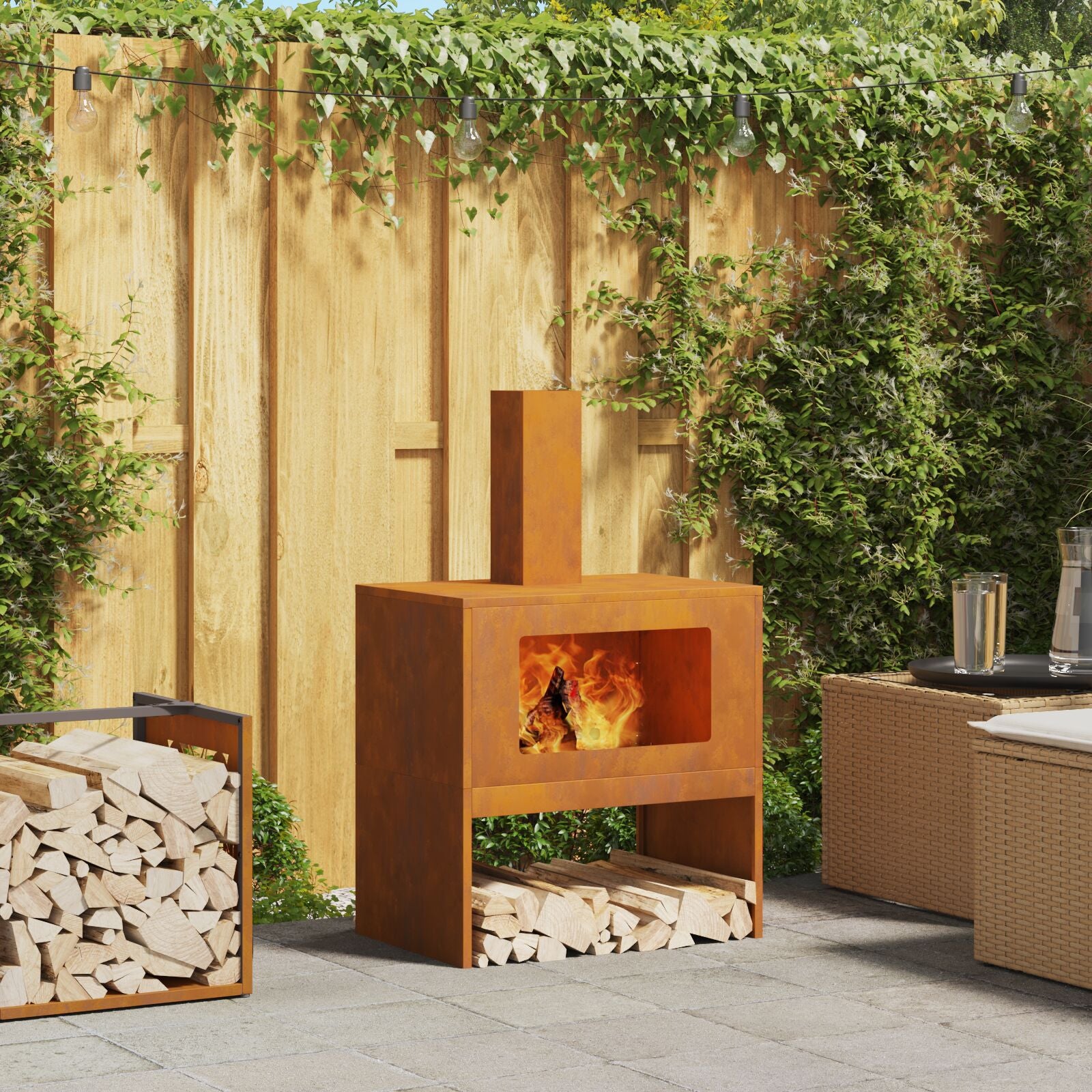 Feuerstelle mit Schornstein 60x40x96 cm Wetterstahl