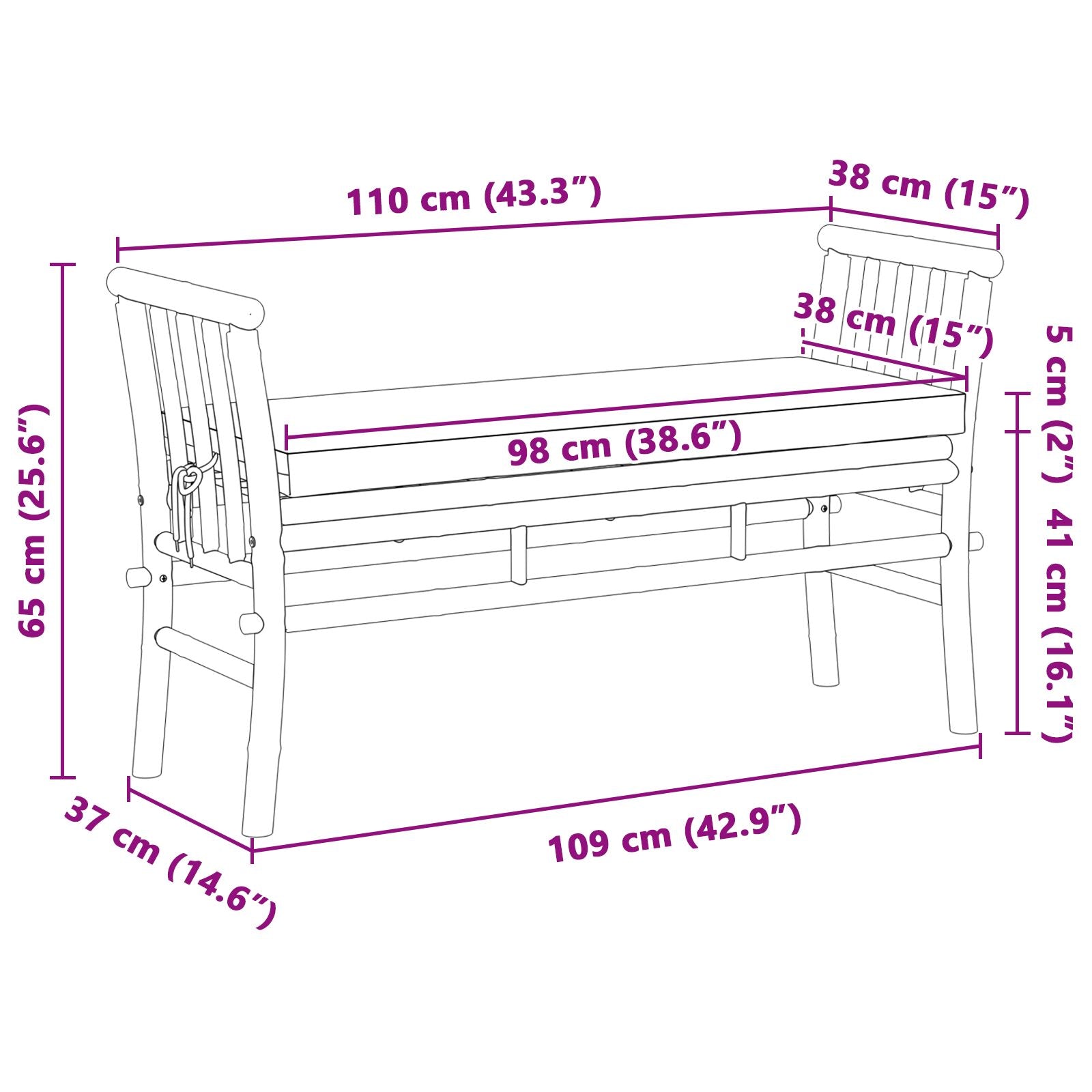 Gartenbank mit Kissen 110 cm aus Bambus